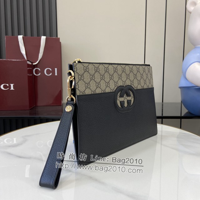 Gucci專櫃古馳最新款飾鏤空互扣式雙G收納袋男士手拿包 jh2103型號：723320